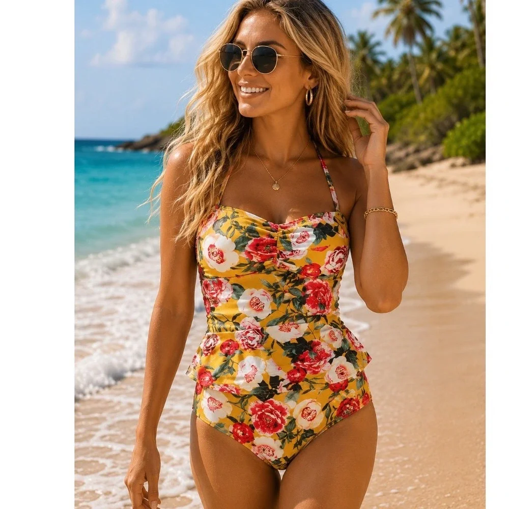 XXL Yellow Floral Peplum Tankini Set High‎ Waisted Two Piece Swimsuit Halter Top